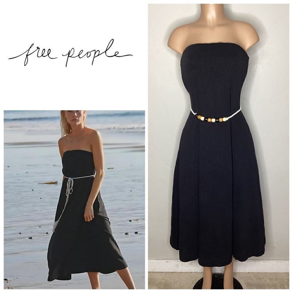 Free People black strapless dress with wood bead belt. Medium. Retails $70